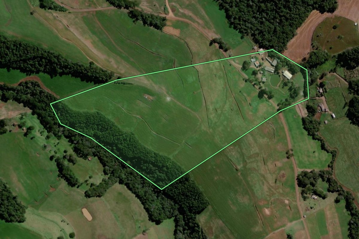 Imagem de satélite do imóvel rural em Jupiá (SC), com o contorno declarado no CAR desenhado por cima.
