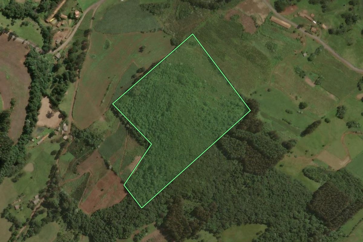 Imagem de satélite do imóvel rural em Lacerdópolis (SC), com o contorno declarado no CAR desenhado por cima.