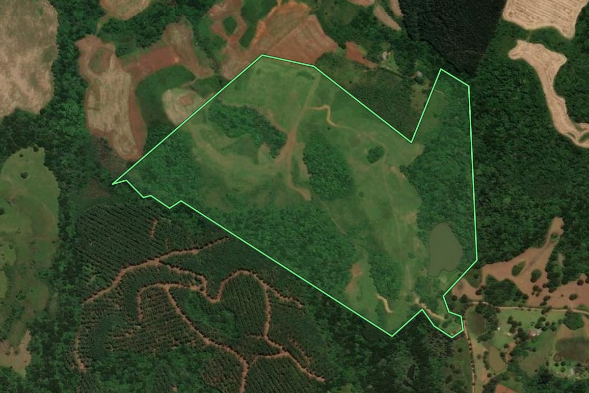 Imagem de satélite do imóvel rural em Lages (SC), com o contorno declarado no CAR desenhado por cima.