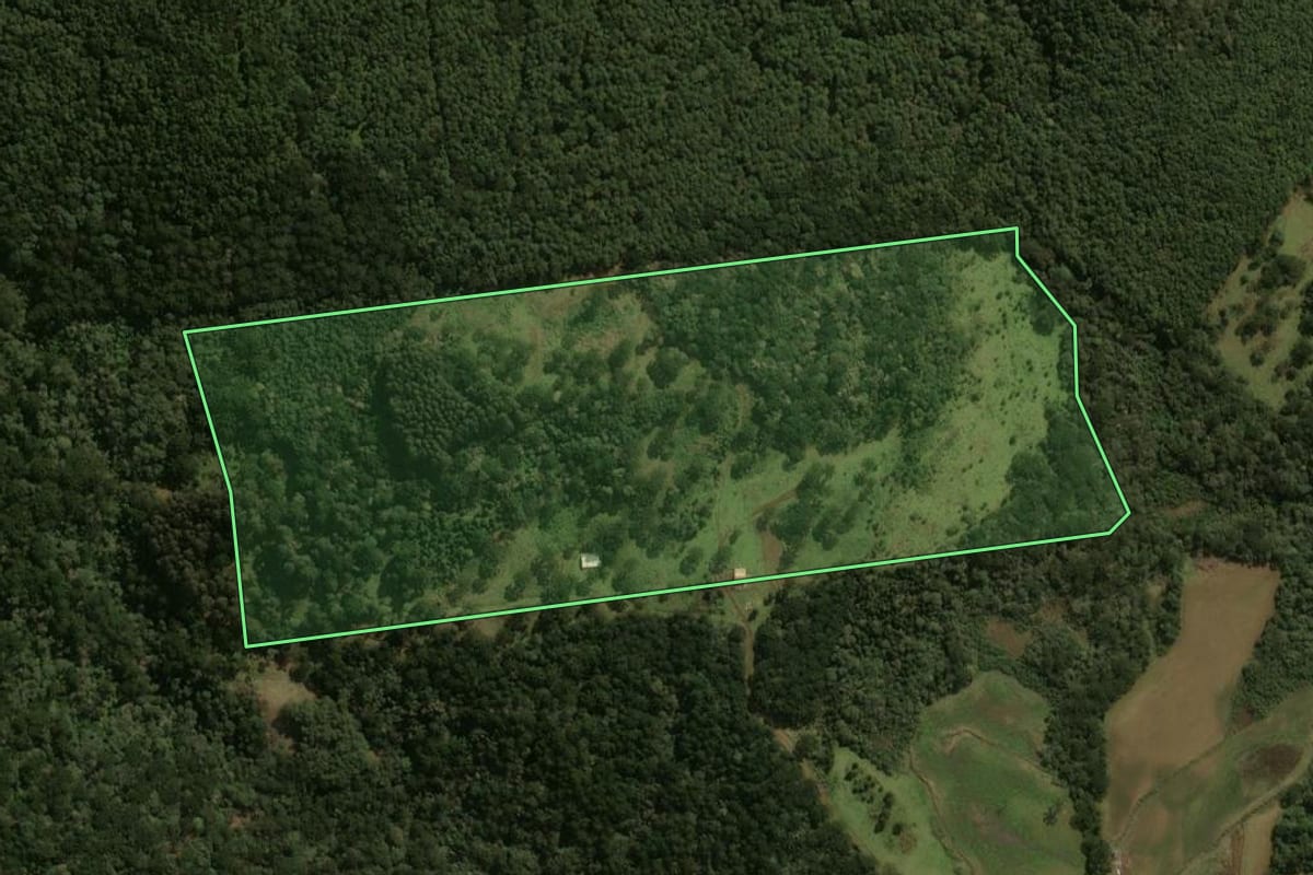 Imagem de satélite do imóvel rural em Lages (SC), com o contorno declarado no CAR desenhado por cima.