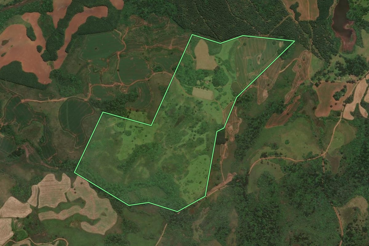 Imagem de satélite do imóvel rural em Lages (SC), com o contorno declarado no CAR desenhado por cima.