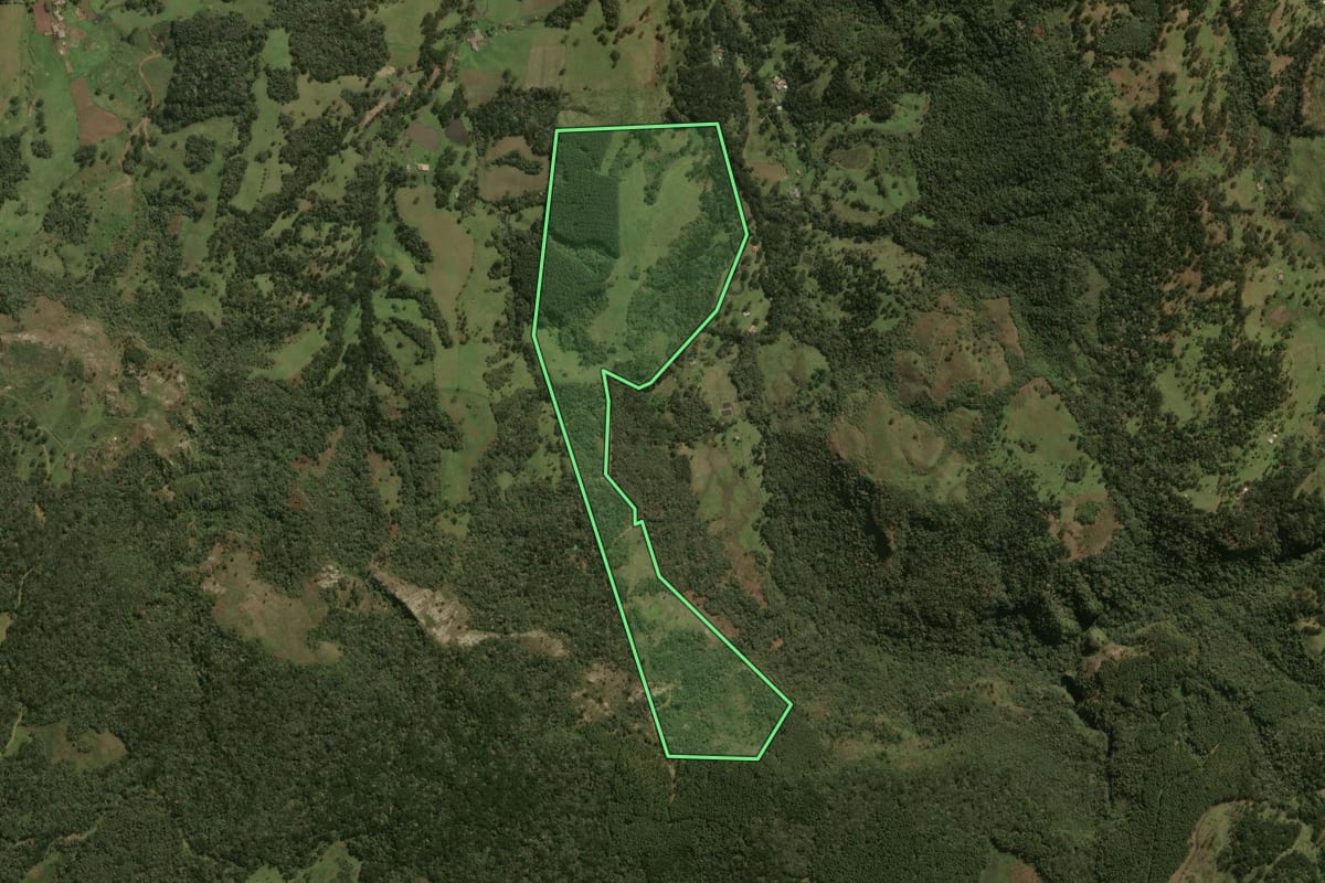 Imagem de satélite do imóvel rural em Lages (SC), com o contorno declarado no CAR desenhado por cima.