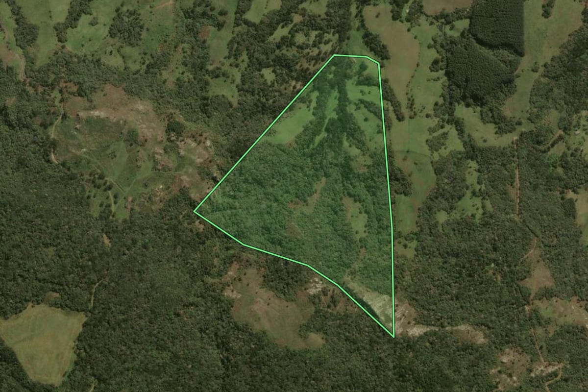 Imagem de satélite do imóvel rural em Lages (SC), com o contorno declarado no CAR desenhado por cima.