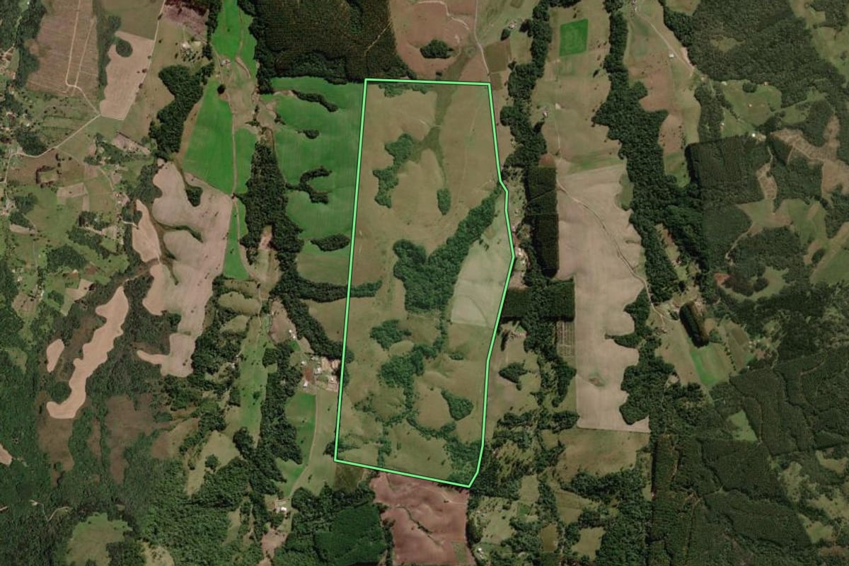 Imagem de satélite do imóvel rural em Lages (SC), com o contorno declarado no CAR desenhado por cima.