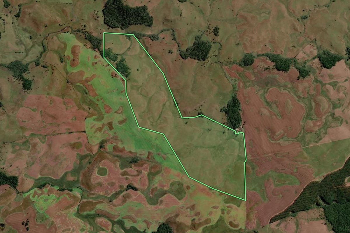 Imagem de satélite do imóvel rural em Lages (SC), com o contorno declarado no CAR desenhado por cima.