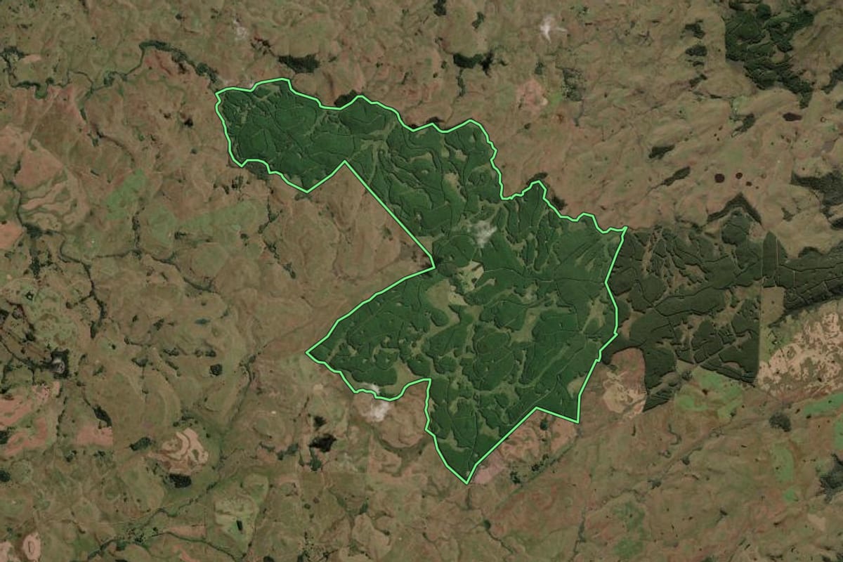 Imagem de satélite do imóvel rural em Lages (SC), com o contorno declarado no CAR desenhado por cima.