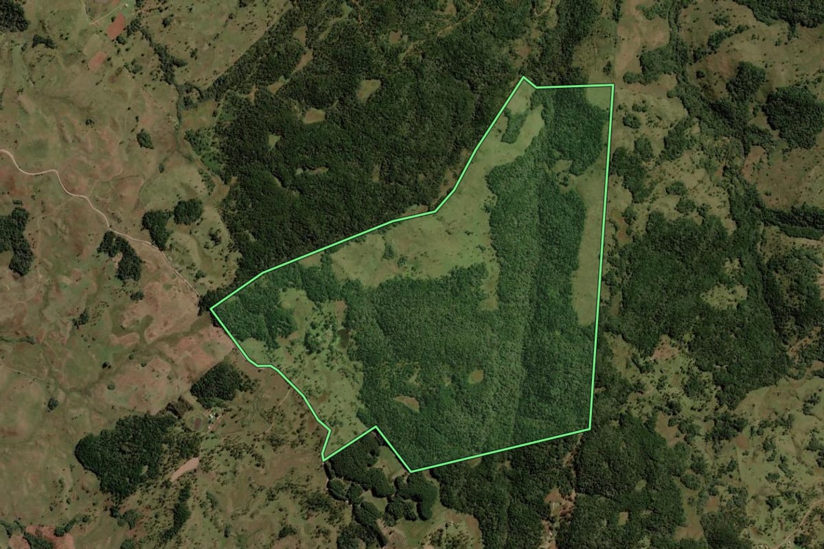 Imagem de satélite do imóvel rural em Lages (SC), com o contorno declarado no CAR desenhado por cima.
