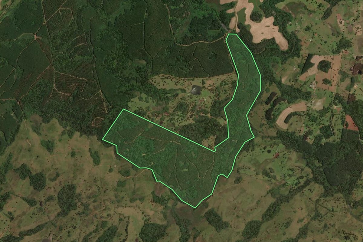 Imagem de satélite do imóvel rural em Lages (SC), com o contorno declarado no CAR desenhado por cima.