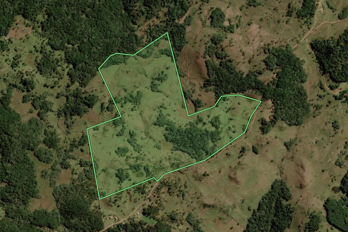 Imagem de satélite do imóvel rural em Lages (SC), com o contorno declarado no CAR desenhado por cima.