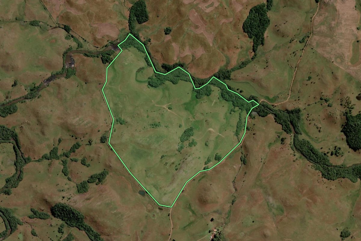 Imagem de satélite do imóvel rural em Lages (SC), com o contorno declarado no CAR desenhado por cima.