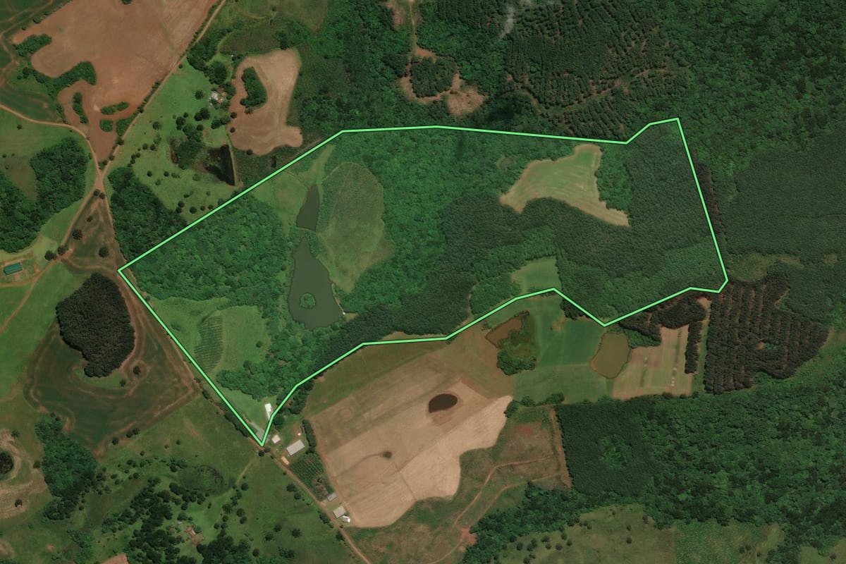 Imagem de satélite do imóvel rural em Lages (SC), com o contorno declarado no CAR desenhado por cima.