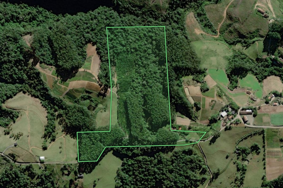Imagem de satélite do imóvel rural em Laurentino (SC), com o contorno declarado no CAR desenhado por cima.