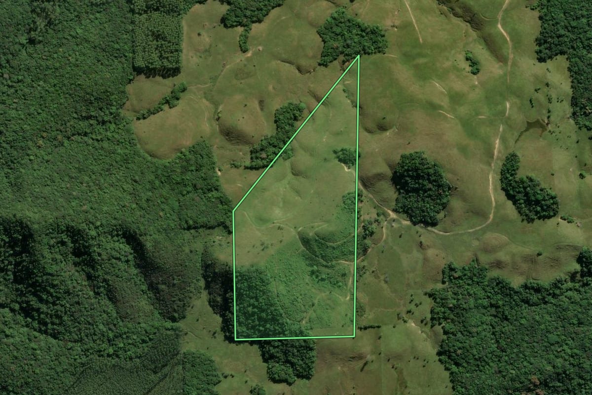 Imagem de satélite do imóvel rural em Lauro Müller (SC), com o contorno declarado no CAR desenhado por cima.