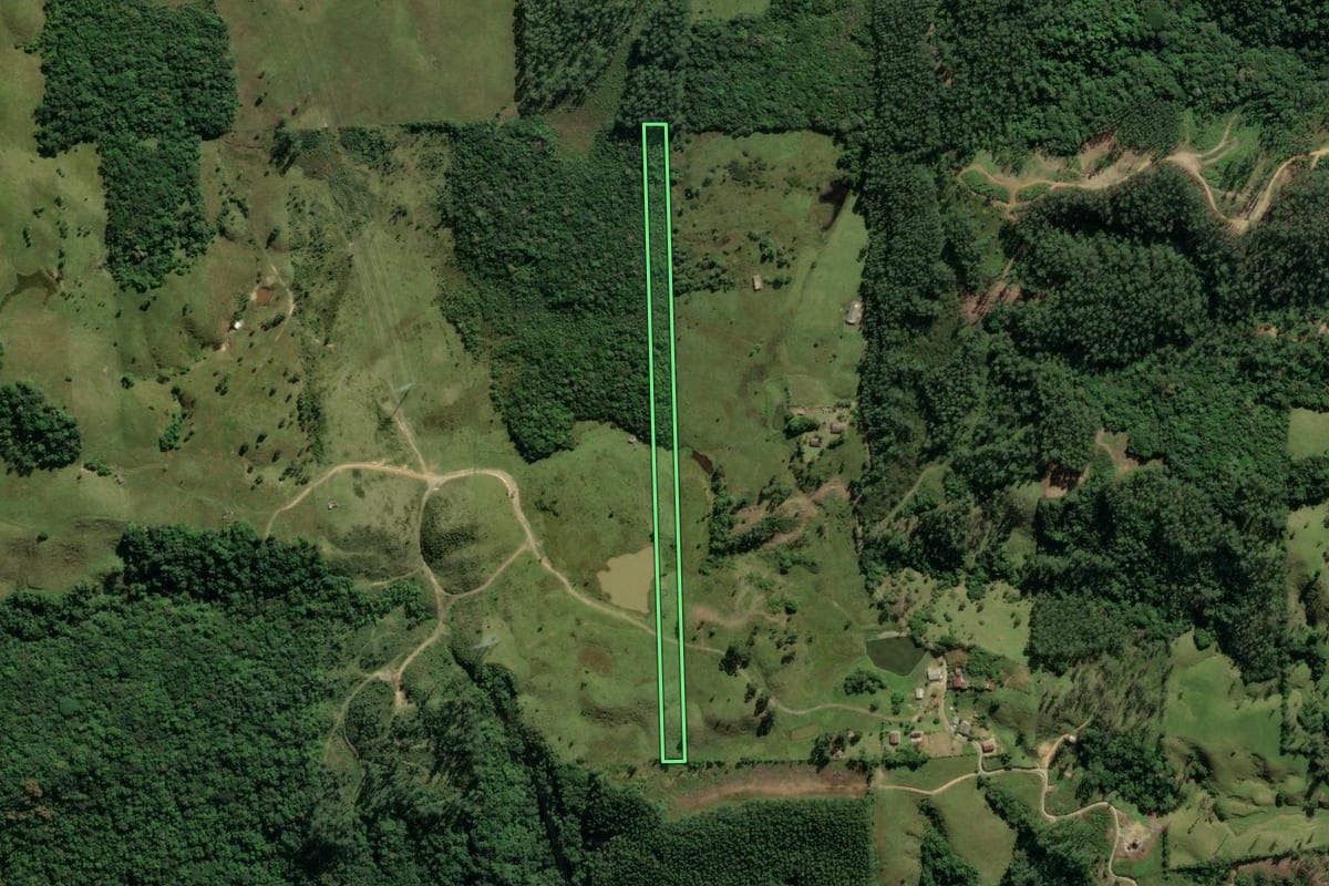 Imagem de satélite do imóvel rural em Lauro Müller (SC), com o contorno declarado no CAR desenhado por cima.