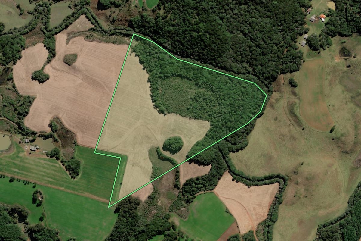 Imagem de satélite do imóvel rural em Lebon Régis (SC), com o contorno declarado no CAR desenhado por cima.