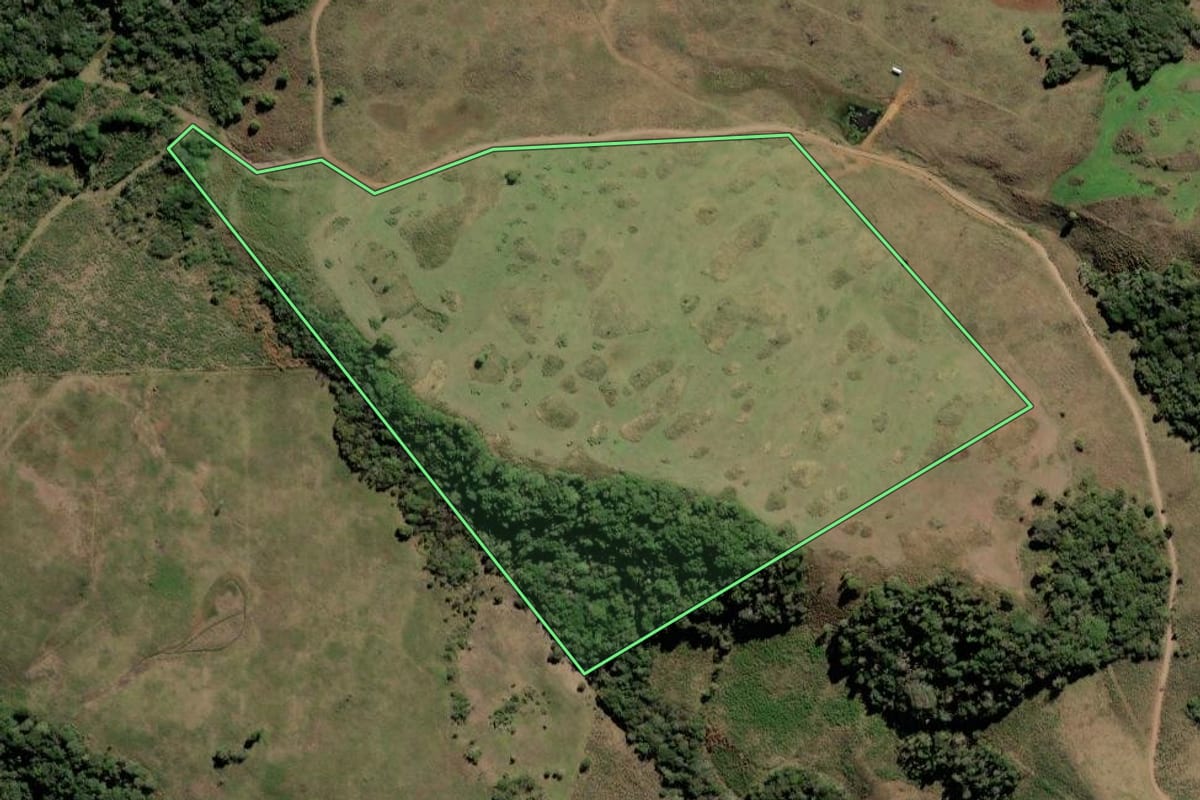 Imagem de satélite do imóvel rural em Lebon Régis (SC), com o contorno declarado no CAR desenhado por cima.