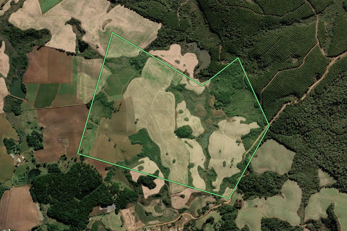 Imagem de satélite do imóvel rural em Lebon Régis (SC), com o contorno declarado no CAR desenhado por cima.