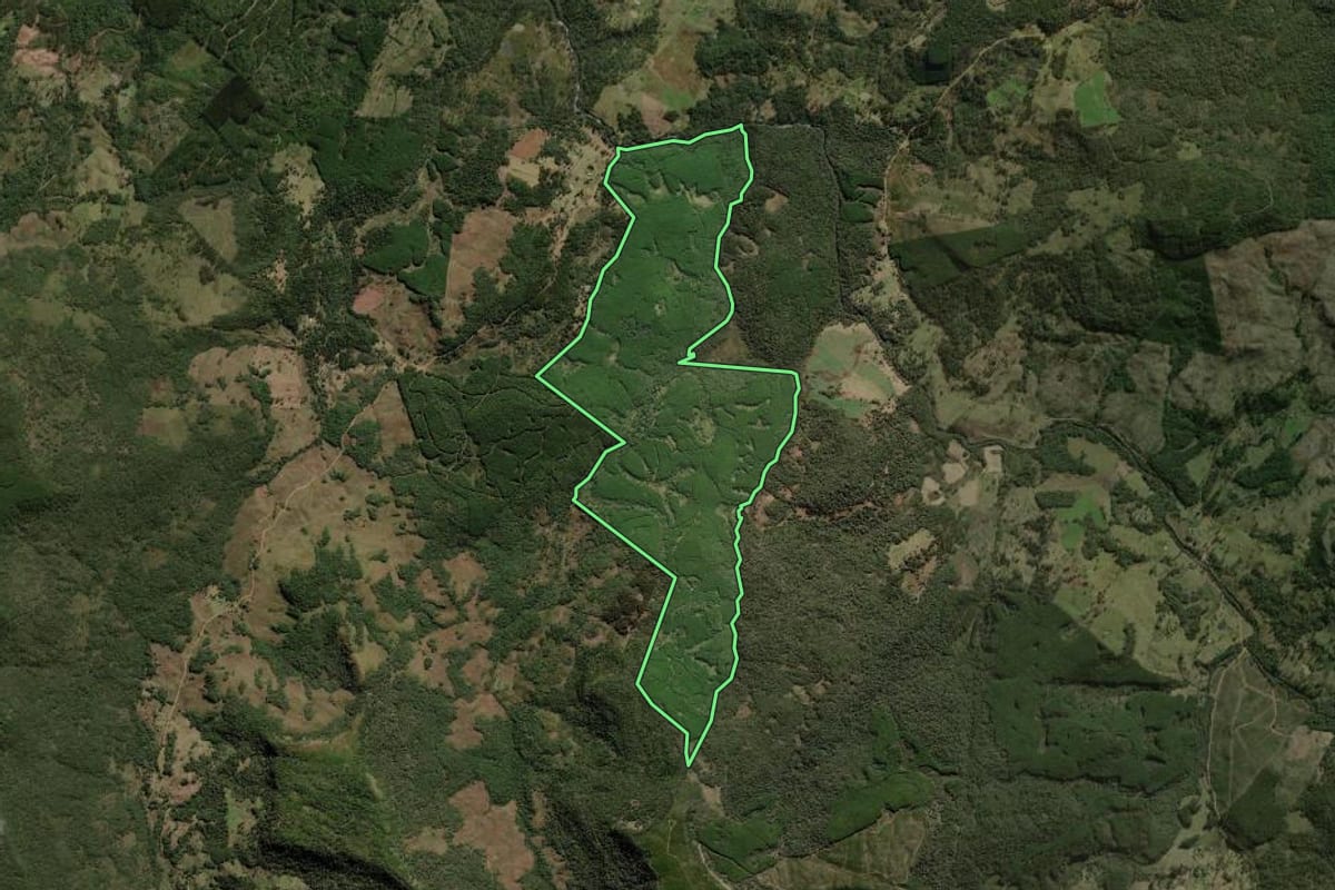 Imagem de satélite do imóvel rural em Lebon Régis (SC), com o contorno declarado no CAR desenhado por cima.