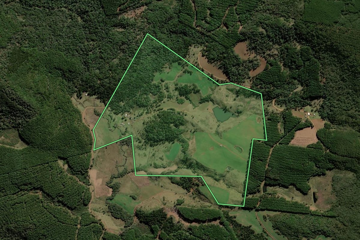 Imagem de satélite do imóvel rural em Lebon Régis (SC), com o contorno declarado no CAR desenhado por cima.