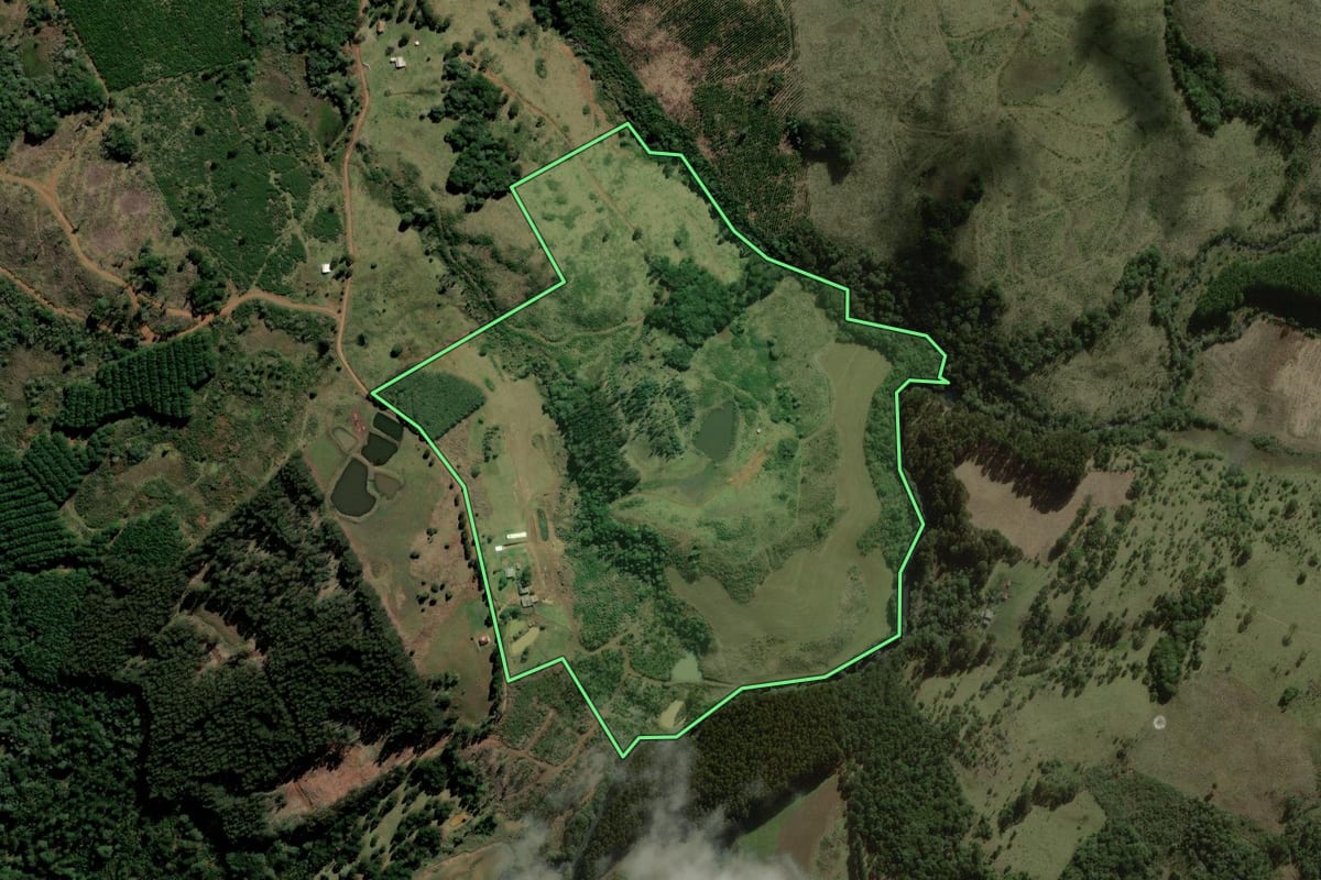 Imagem de satélite do imóvel rural em Lebon Régis (SC), com o contorno declarado no CAR desenhado por cima.