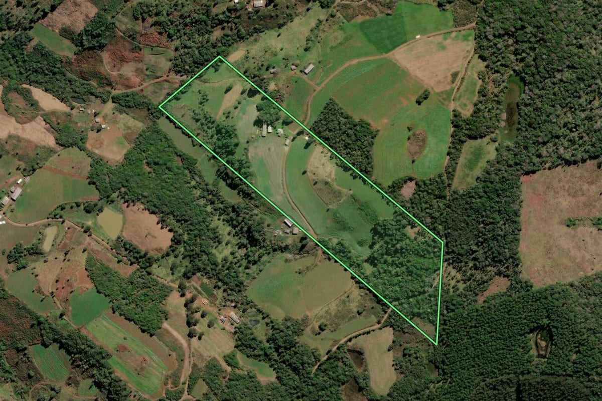 Imagem de satélite do imóvel rural em Lebon Régis (SC), com o contorno declarado no CAR desenhado por cima.
