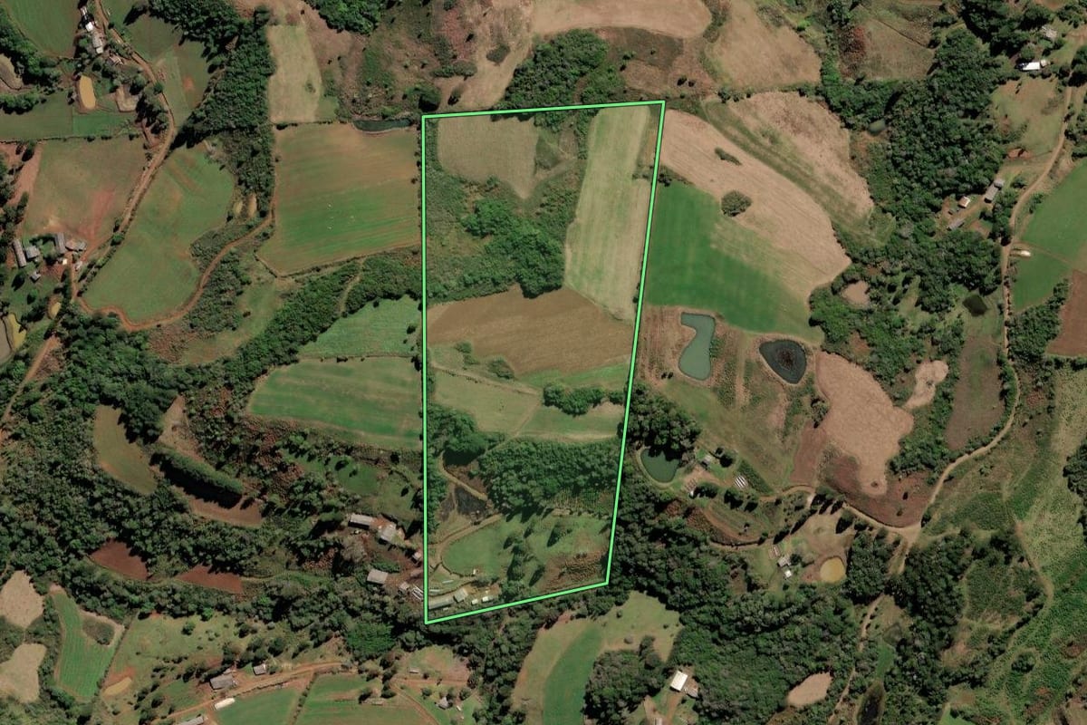 Imagem de satélite do imóvel rural em Lebon Régis (SC), com o contorno declarado no CAR desenhado por cima.