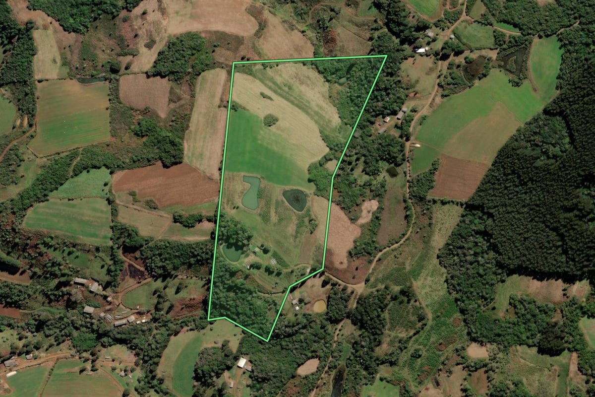 Imagem de satélite do imóvel rural em Lebon Régis (SC), com o contorno declarado no CAR desenhado por cima.