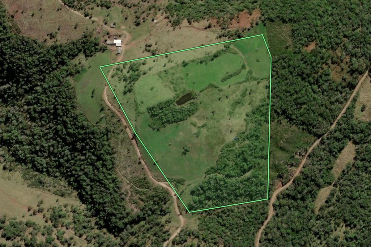 Imagem de satélite do imóvel rural em Lebon Régis (SC), com o contorno declarado no CAR desenhado por cima.