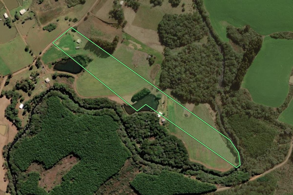 Imagem de satélite do imóvel rural em Lebon Régis (SC), com o contorno declarado no CAR desenhado por cima.