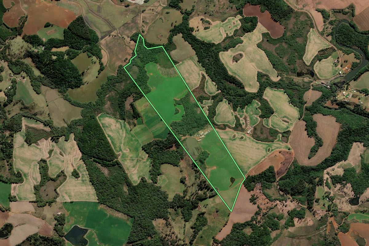 Imagem de satélite do imóvel rural em Lebon Régis (SC), com o contorno declarado no CAR desenhado por cima.