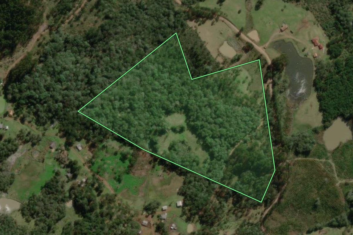 Imagem de satélite do imóvel rural em Lebon Régis (SC), com o contorno declarado no CAR desenhado por cima.