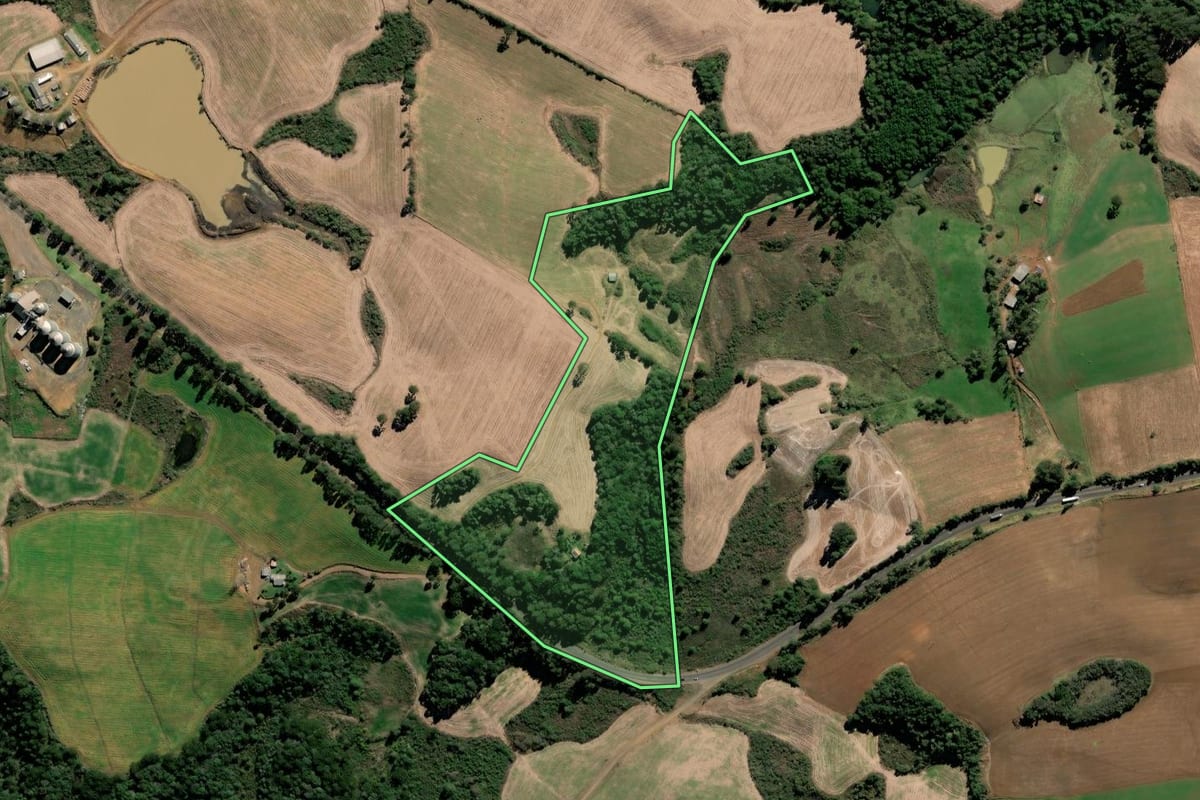 Imagem de satélite do imóvel rural em Lebon Régis (SC), com o contorno declarado no CAR desenhado por cima.