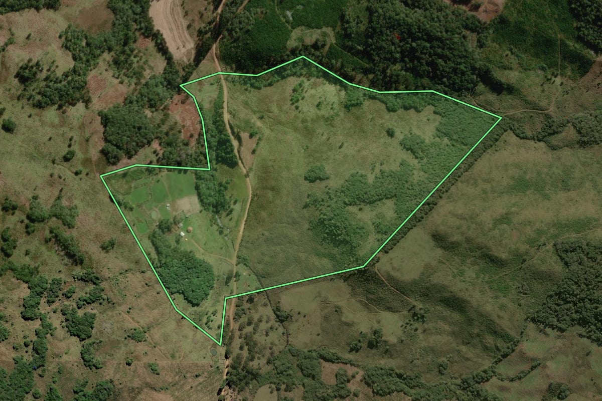 Imagem de satélite do imóvel rural em Lebon Régis (SC), com o contorno declarado no CAR desenhado por cima.
