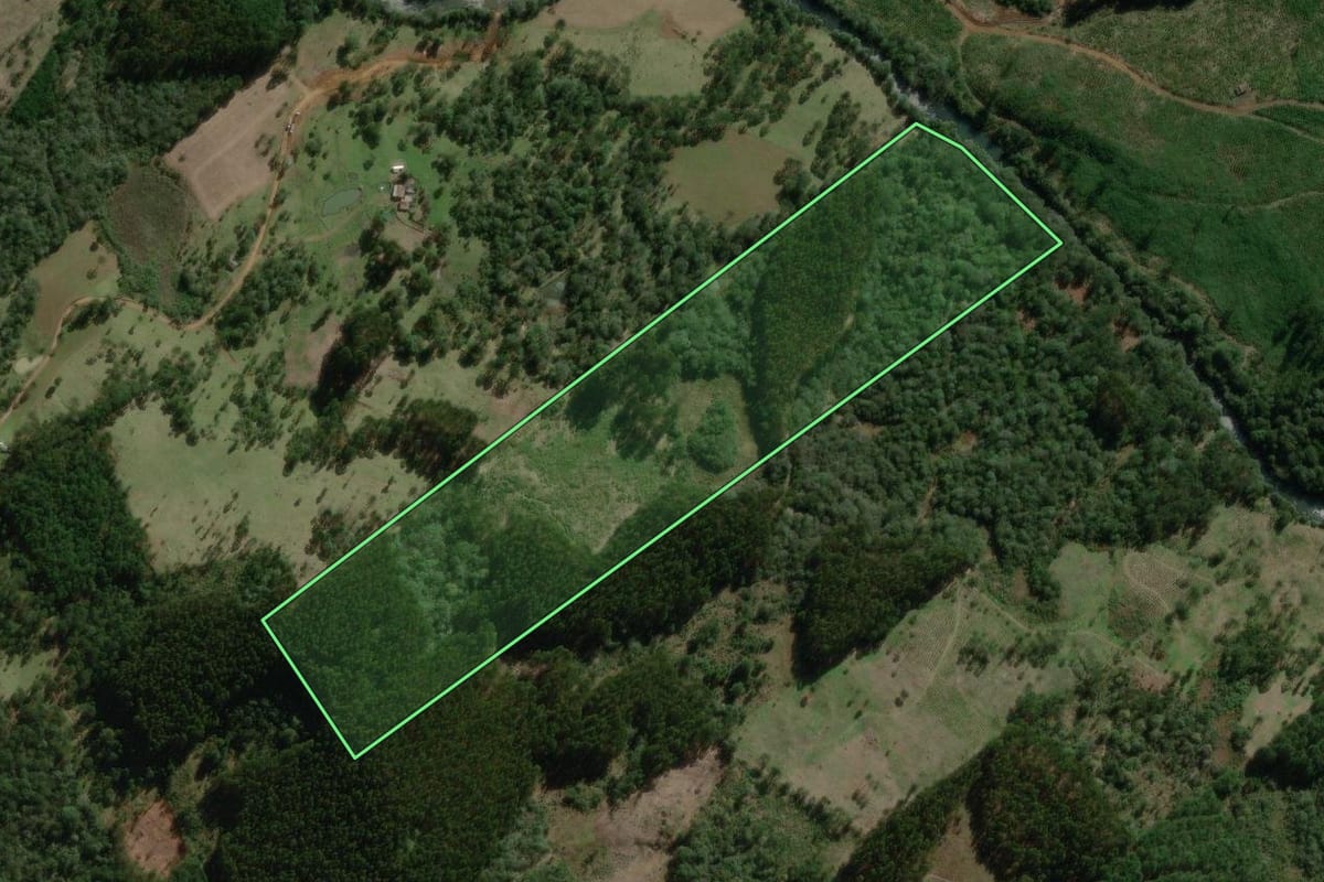 Imagem de satélite do imóvel rural em Lebon Régis (SC), com o contorno declarado no CAR desenhado por cima.