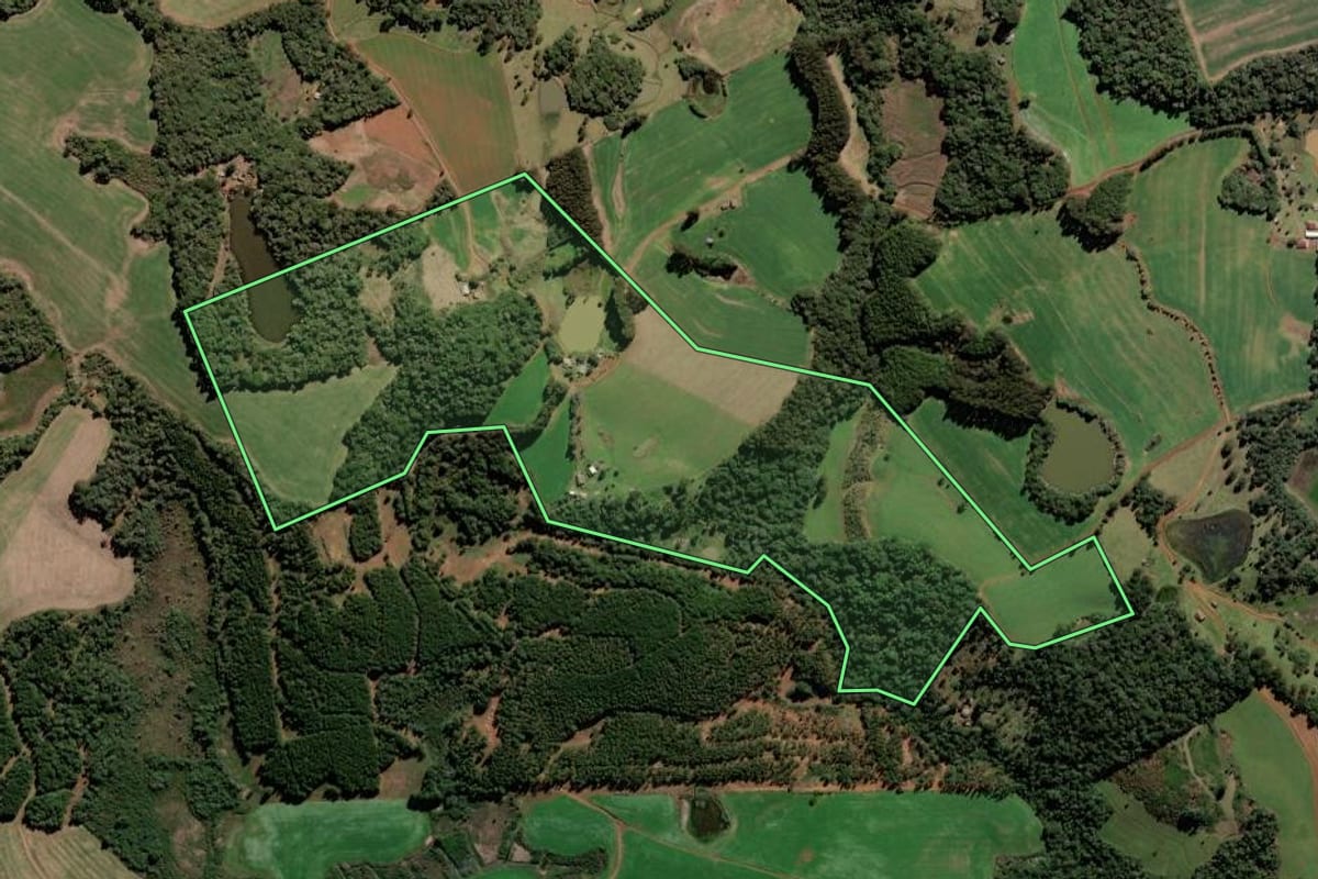 Imagem de satélite do imóvel rural em Lebon Régis (SC), com o contorno declarado no CAR desenhado por cima.