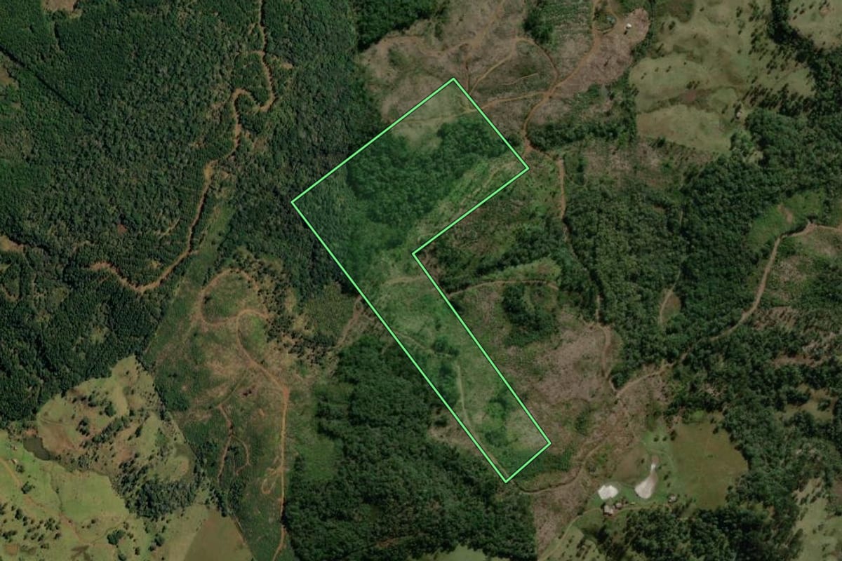 Imagem de satélite do imóvel rural em Lebon Régis (SC), com o contorno declarado no CAR desenhado por cima.