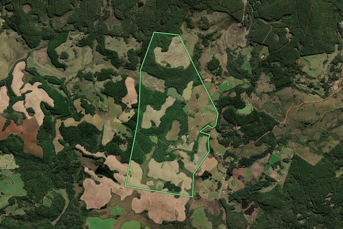 Imagem de satélite do imóvel rural em Lebon Régis (SC), com o contorno declarado no CAR desenhado por cima.