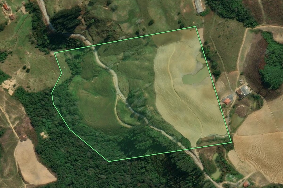 Imagem de satélite do imóvel rural em Leoberto Leal (SC), com o contorno declarado no CAR desenhado por cima.