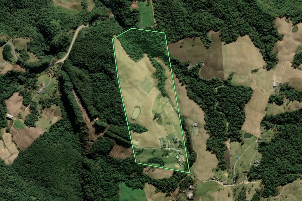 Imagem de satélite do imóvel rural em Leoberto Leal (SC), com o contorno declarado no CAR desenhado por cima.