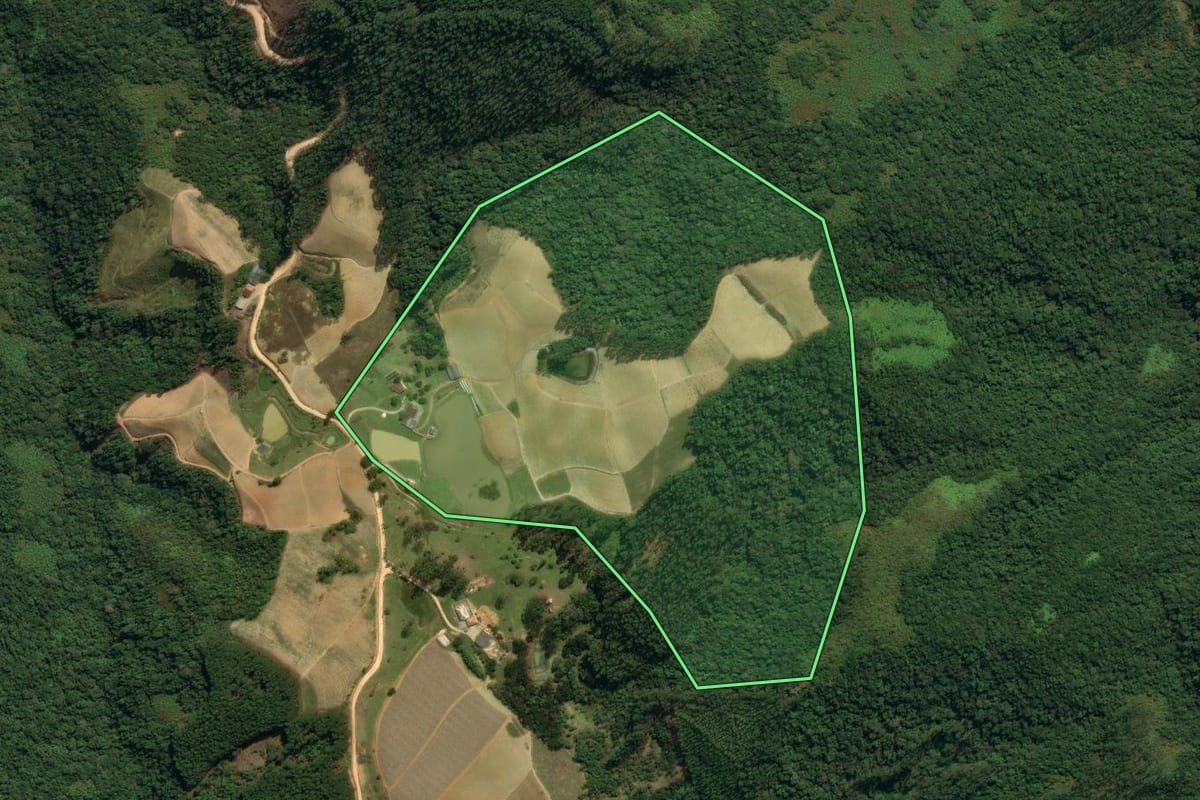 Imagem de satélite do imóvel rural em Leoberto Leal (SC), com o contorno declarado no CAR desenhado por cima.