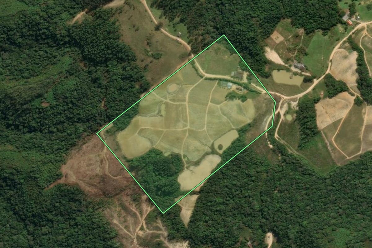 Imagem de satélite do imóvel rural em Leoberto Leal (SC), com o contorno declarado no CAR desenhado por cima.