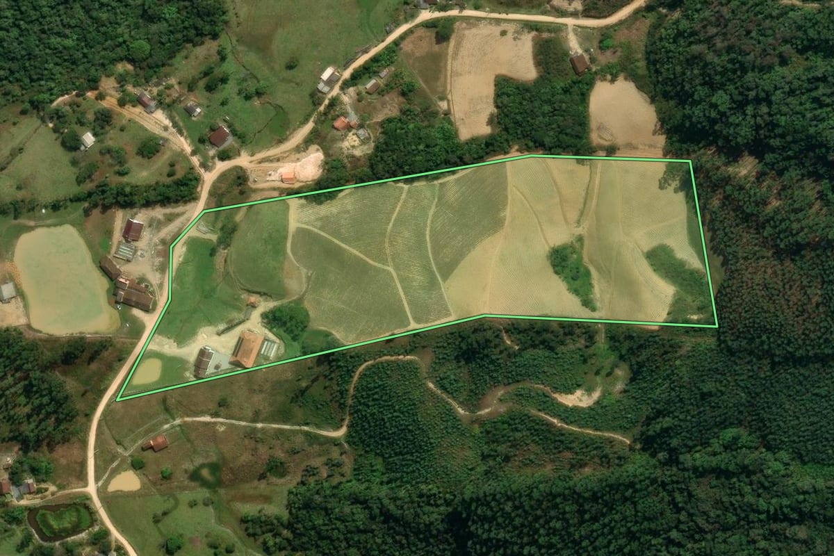 Imagem de satélite do imóvel rural em Leoberto Leal (SC), com o contorno declarado no CAR desenhado por cima.