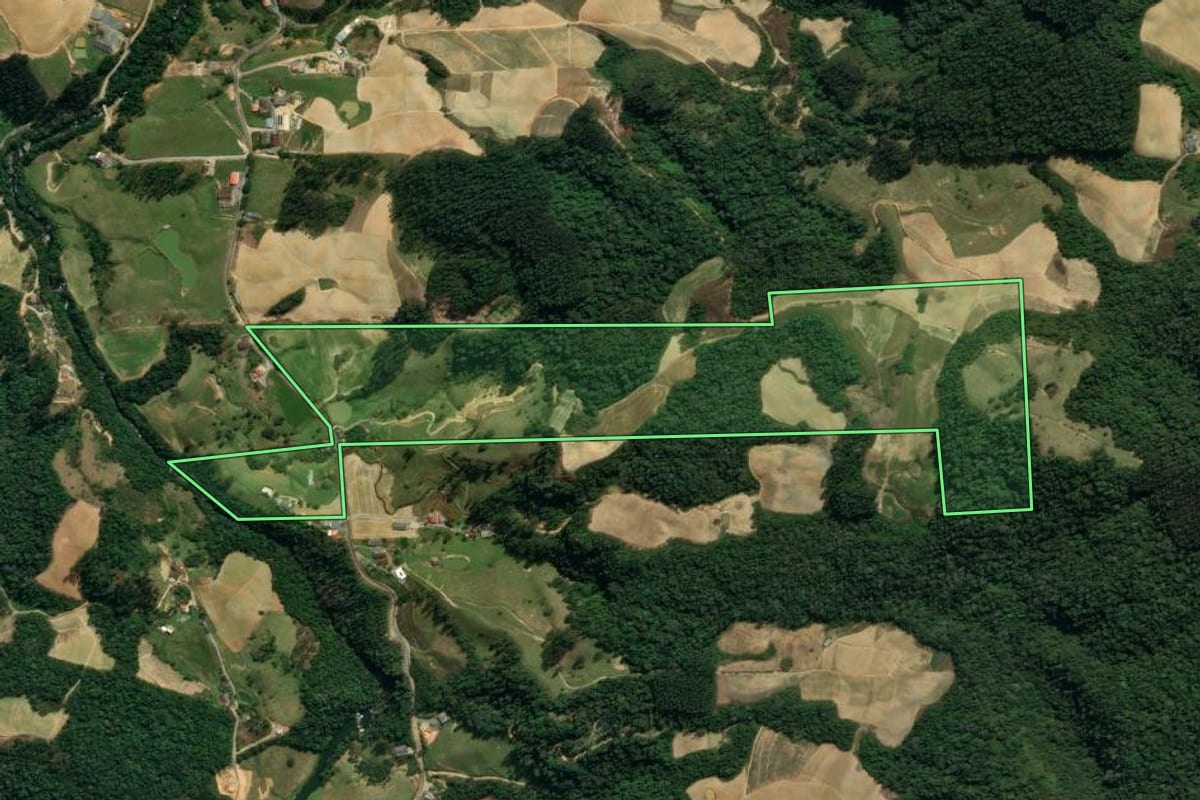 Imagem de satélite do imóvel rural em Leoberto Leal (SC), com o contorno declarado no CAR desenhado por cima.