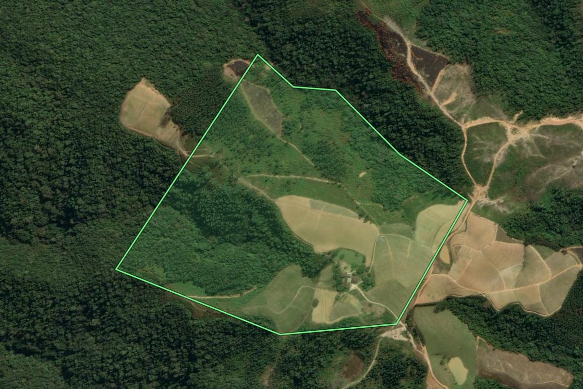 Imagem de satélite do imóvel rural em Leoberto Leal (SC), com o contorno declarado no CAR desenhado por cima.