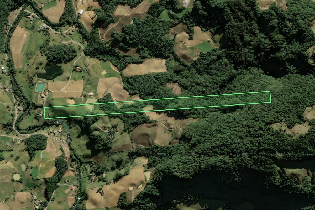 Imagem de satélite do imóvel rural em Leoberto Leal (SC), com o contorno declarado no CAR desenhado por cima.