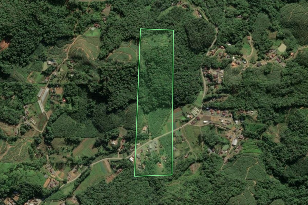 Imagem de satélite do imóvel rural em Luiz Alves (SC), com o contorno declarado no CAR desenhado por cima.