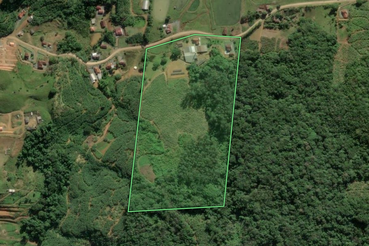 Imagem de satélite do imóvel rural em Luiz Alves (SC), com o contorno declarado no CAR desenhado por cima.