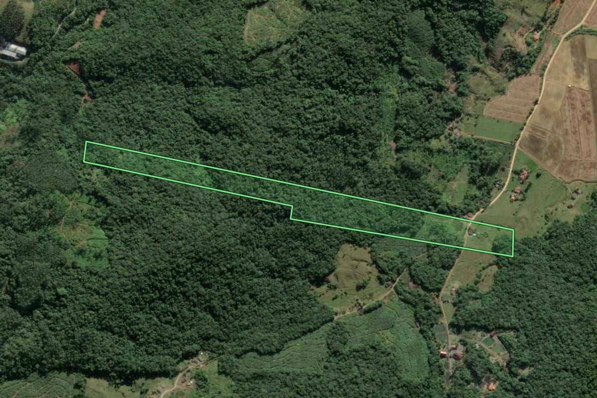 Imagem de satélite do imóvel rural em Luiz Alves (SC), com o contorno declarado no CAR desenhado por cima.