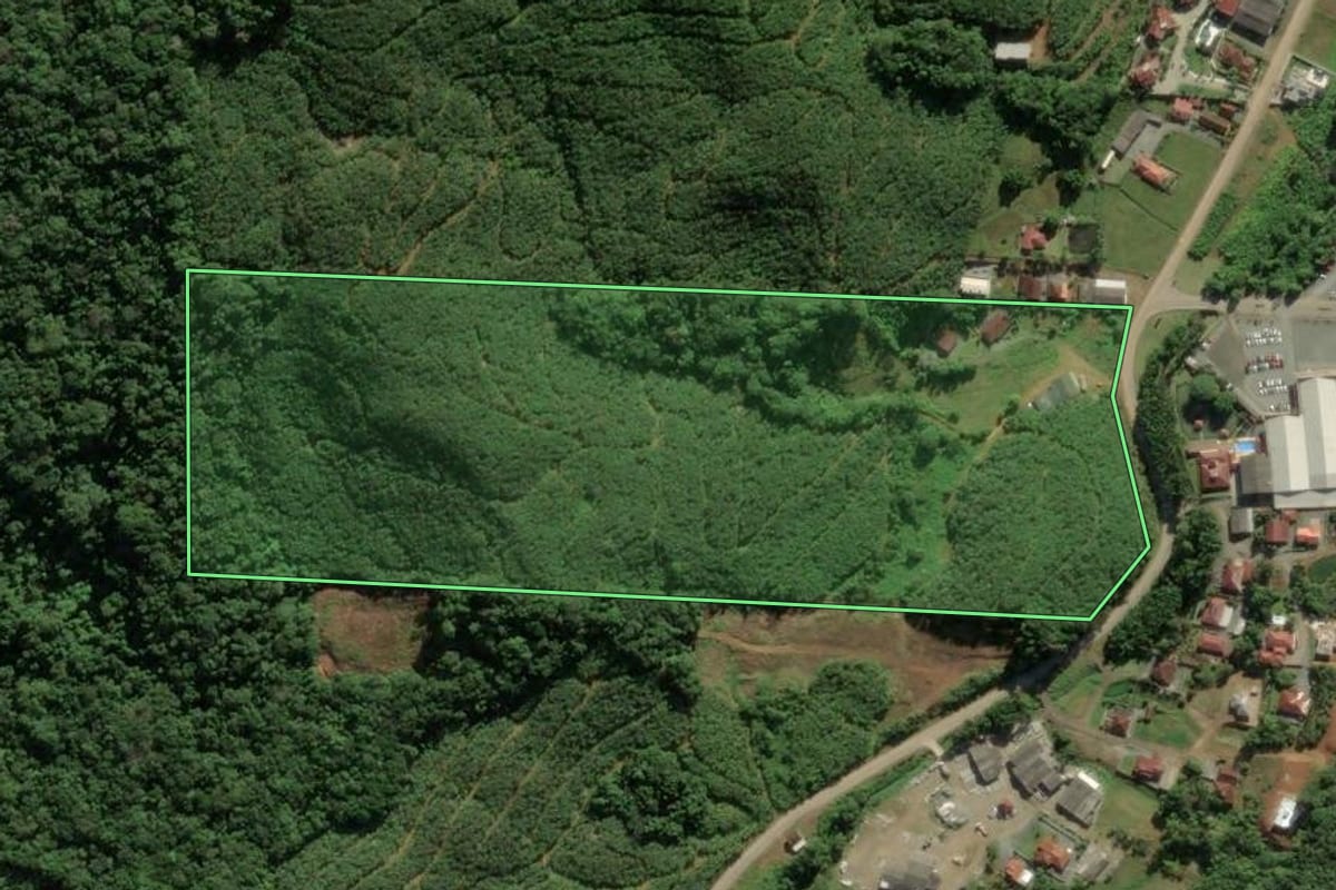 Imagem de satélite do imóvel rural em Luiz Alves (SC), com o contorno declarado no CAR desenhado por cima.