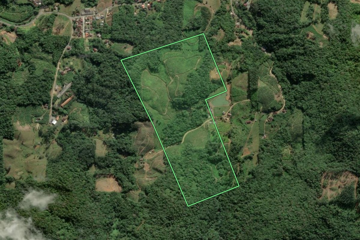 Imagem de satélite do imóvel rural em Luiz Alves (SC), com o contorno declarado no CAR desenhado por cima.